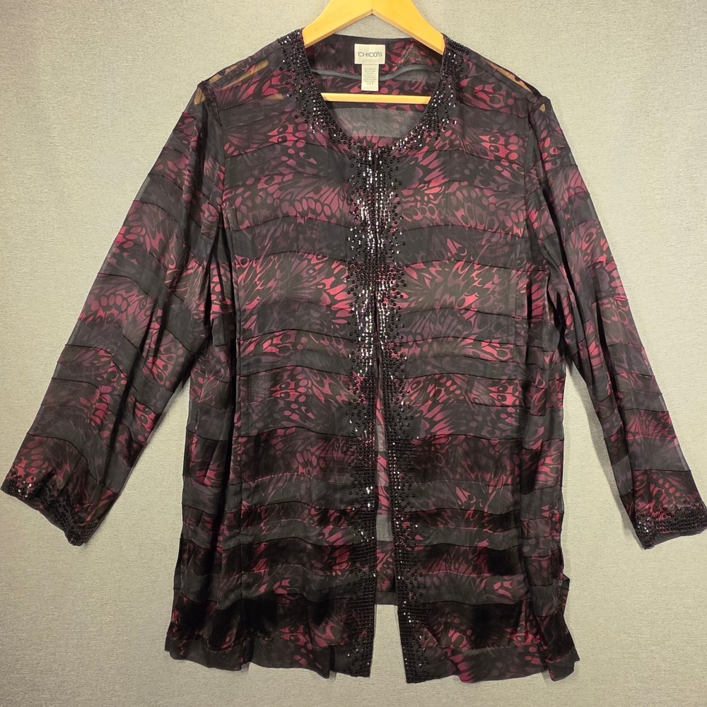 Chico's Sequin Silk Blend Sheer Cardigan Jacket Burgundy Black Size 3